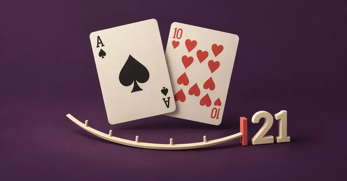 Pataässä ja herttakymppi muodostavat blackjackin eli 21 pistettä, ja kaareva asteikko päättyy luvun 21 kohdalla olevaan rajamerkkiin.