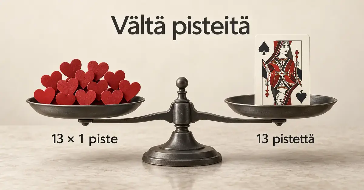 Tasapainossa oleva vaaka havainnollistaa Hertan pisteytystä: herttakorttien yhteispistemäärä ja patarouvan arvo ovat kumpikin 13 pistettä.