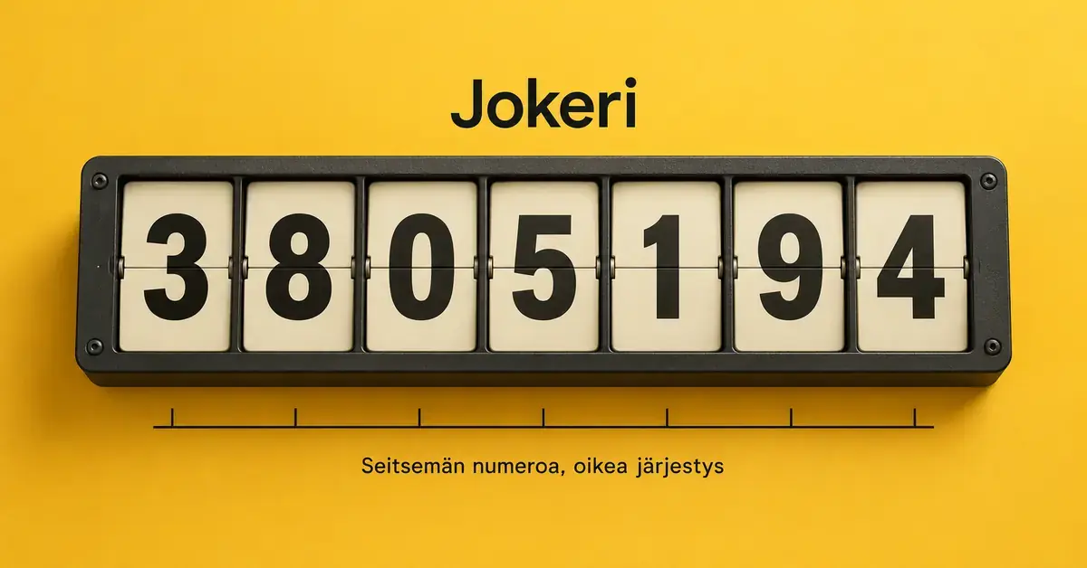 Seitsemän numeron rivi 3 8 0 5 1 9 4 mekaanisessa numerotaulussa keltaisella taustalla havainnollistaa Jokerin numeroiden oikeaa järjestystä.