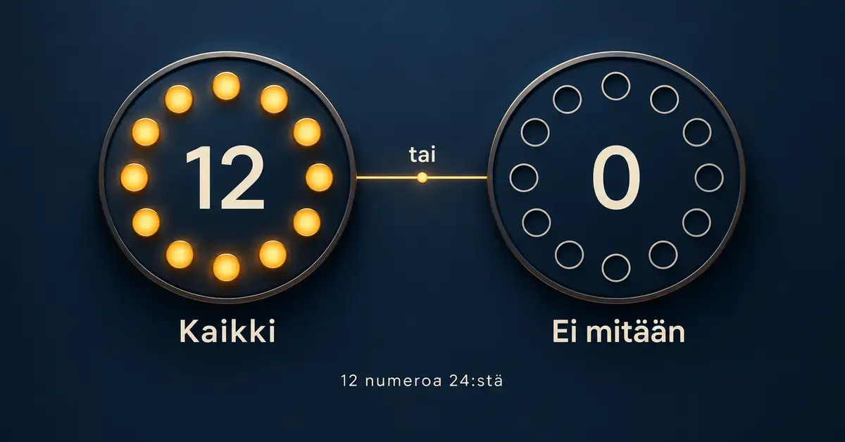 Kaksi tummansinistä ympyrää havainnollistavat Kaikki tai ei mitään -pelin ääripäitä: 12 osumaa hohtavina pisteinä ja nolla osumaa tyhjinä renkaina.