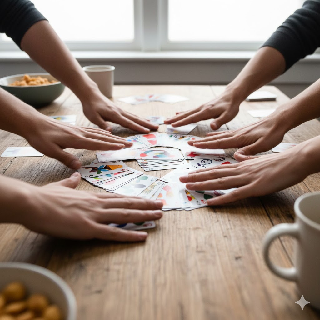  Läpsy korttipeli: kädet pöydällä