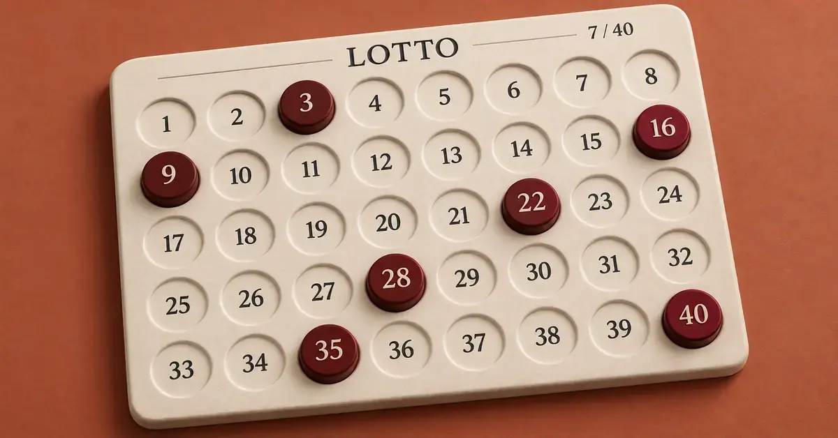 Vaalean Lotto-numerotaulun neljästäkymmenestä numerosta seitsemän on korostettu viininpunaisilla merkeillä terrakotanväristä taustaa vasten.