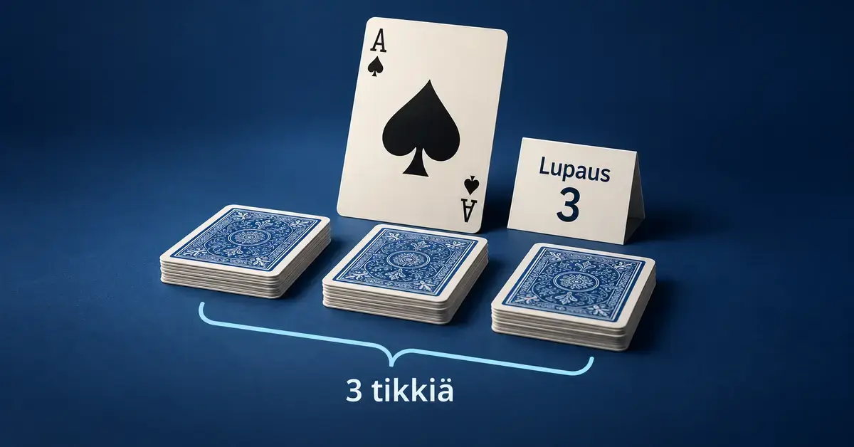 Pataässä, kolmen tikin lupausta osoittava kyltti ja kolme korttipinoa havainnollistavat patalupauksen tavoitetta tummansinisellä taustalla.