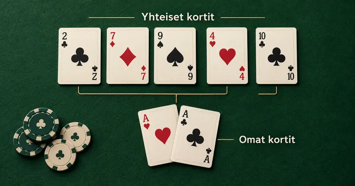 Texas Hold’emin viisi yhteistä korttia ja kaksi omaa ässää vihreällä pelipöydällä pelimerkkien vieressä.