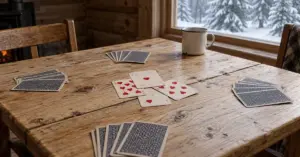 Tuppipelin kortit on aseteltu neljälle pelaajalle hirsikämpän puupöydälle, jonka takana ikkunasta näkyy luminen kuusimetsä.
